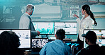 Back, CCTV and computer screen with people in control room to monitor live security footage. Conversation, display and surveillance with team in operations workplace to prevent crime for safety