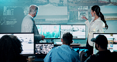 Buy stock photo Back, CCTV and computer screen with people in control room to monitor live security footage. Conversation, display and surveillance with team in operations workplace to prevent crime for safety