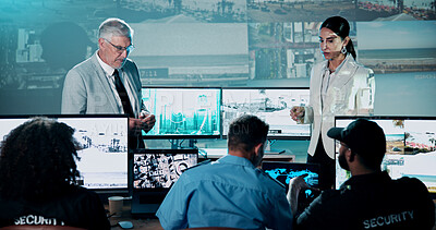 Buy stock photo Security, presentation and team in control room with man for strategy, planning for satellite surveillance. Government, briefing and people in cctv command center at intelligence agency for meeting