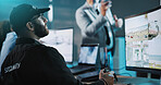 Man, security guard or monitoring with surveillance for crime detection or safety in control room. Male person, officer or night with radio, coverage or cctv footage for alert or protection service