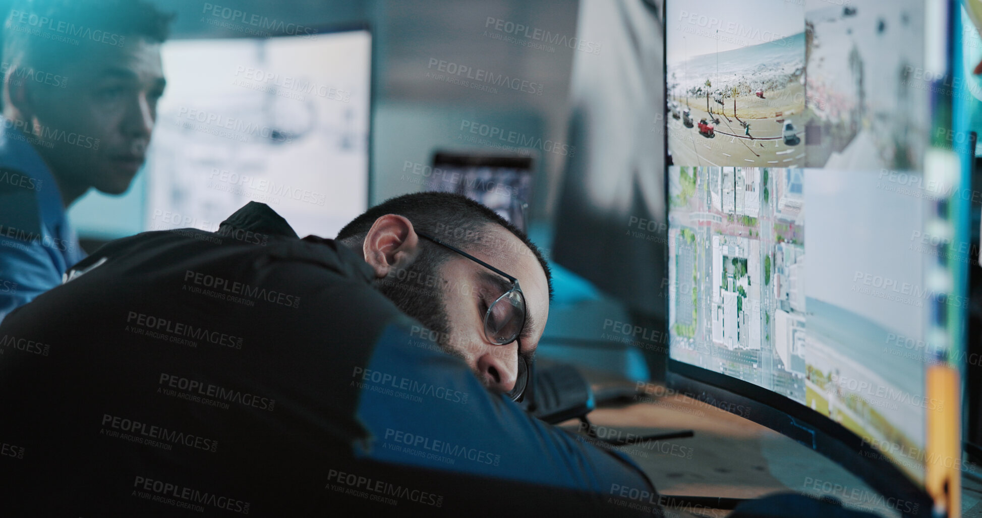 Buy stock photo Sleeping, security guard and computer for surveillance, camera and cctv monitor for government safety. Tired, burnout and man in control room with technology, fatigue and dashboard in workplace