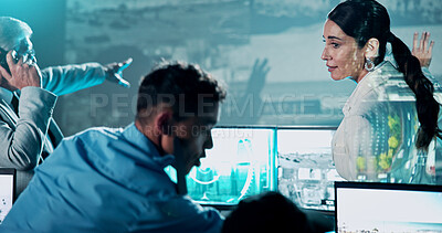 Buy stock photo Security, phone call and team in control room with people for strategy, planning for satellite surveillance. Government, briefing and group in cctv command center at intelligence agency for meeting