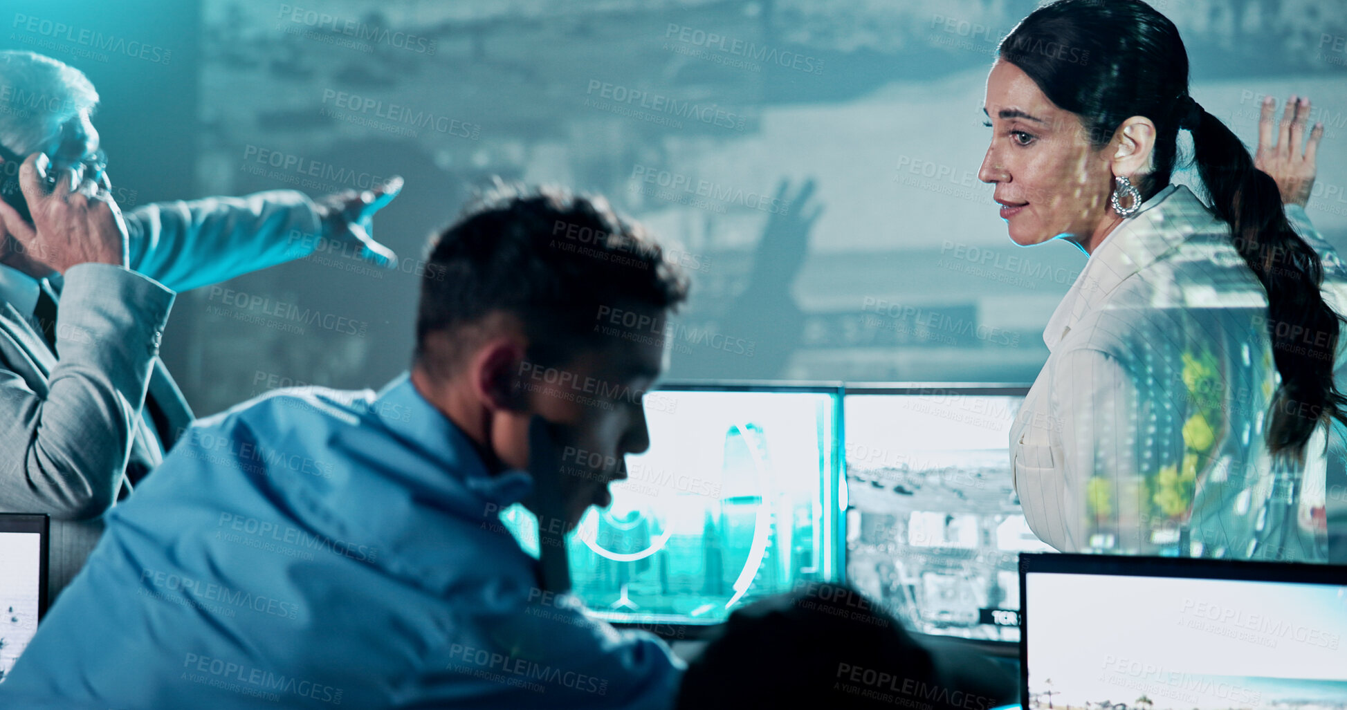 Buy stock photo Security, phone call and team in control room with people for strategy, planning for satellite surveillance. Government, briefing and group in cctv command center at intelligence agency for meeting