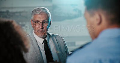 Buy stock photo Government, presentation and team in control room with man for strategy, planning for satellite surveillance. Security, briefing and people in cctv command center at intelligence agency for meeting