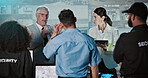 Security, presentation and group in control room with man for strategy, planning for satellite surveillance. Government, briefing and people in cctv command center at intelligence agency for meeting