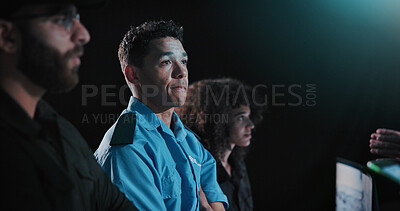 Buy stock photo Security guard, computer and cctv surveillance with teamwork for inspection service. Control room, people and man with cooperation in data center, property protection and review for safety check