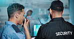 Men, security and talking with radio for surveillance, safety measure or protection in control room. Male people, officer or guard with signal response or cctv footage for crime alert or detection