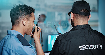 Buy stock photo Men, security and talking with radio for surveillance, safety measure or protection in control room. Male people, officer or guard with signal response or cctv footage for crime alert or detection