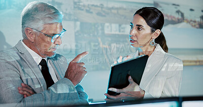 Buy stock photo Security, communication and woman with tablet in control room for strategy, planning and satellite surveillance. Government, meeting and people in cctv command center at intelligence agency with tech