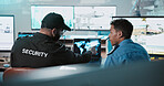 Men, security and checking with laptop for surveillance or protection service in control room. Male people, team or guard with supervision, computer or cctv footage for safety monitoring or protocol
