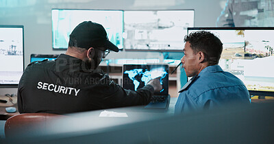 Buy stock photo Men, security and checking with laptop for surveillance or protection service in control room. Male people, team or guard with supervision, computer or cctv footage for safety monitoring or protocol
