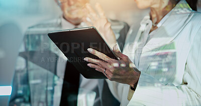 Buy stock photo People, security and hands with tablet for surveillance monitoring, discussion or research. App, officer or private investigation team with technology for safety measure, cctv footage or coverage