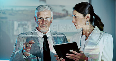 Buy stock photo Security, briefing and woman with tablet in control room for strategy, planning and satellite surveillance. Government, meeting and people in cctv command center at intelligence agency with tech