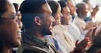 Convention, audience and business people with applause for success, goal or target at workshop. Conference, smile and crowd clapping for celebration, achievement or praise with support in office