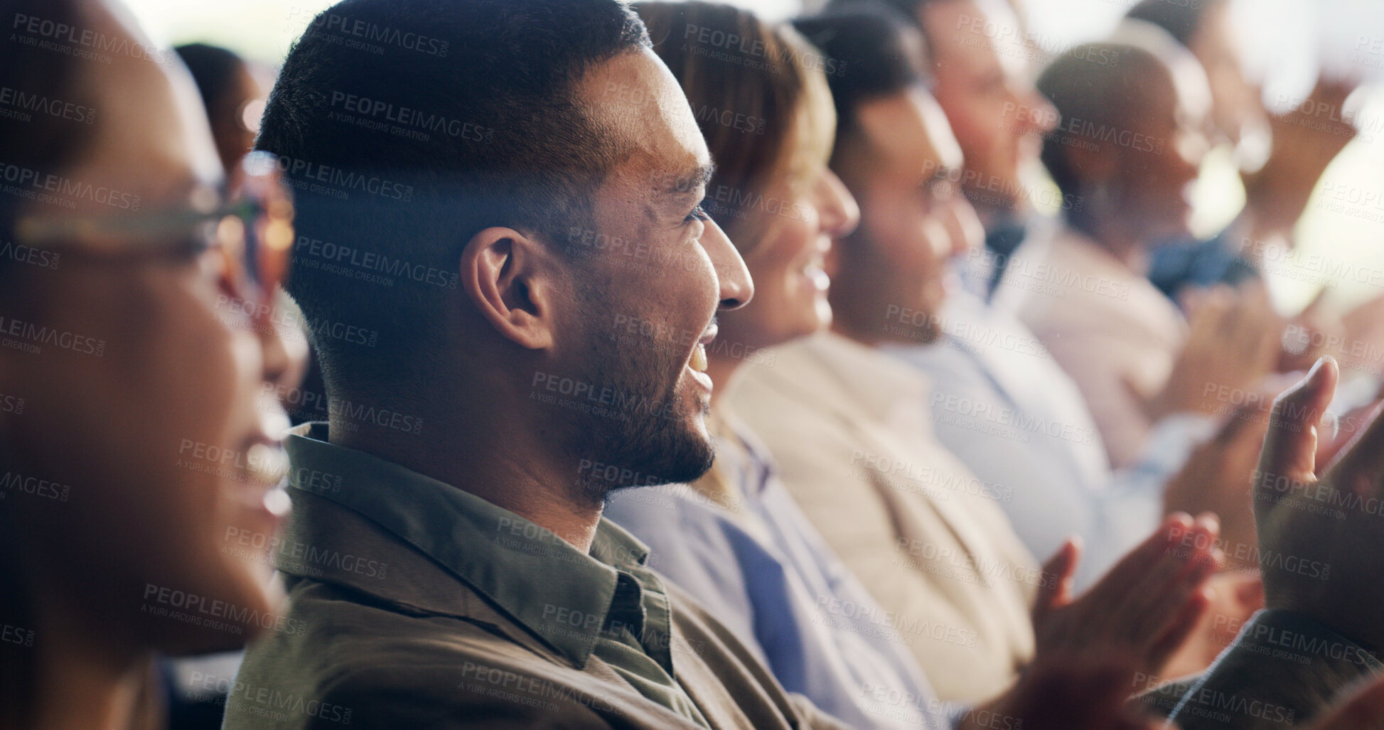 Buy stock photo Convention, audience and business people with applause for success, goal or target at workshop. Conference, smile and crowd clapping for celebration, achievement or praise with support in office