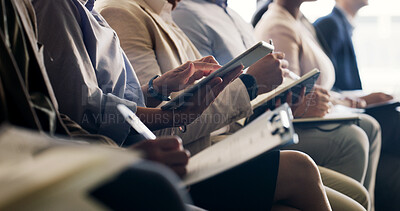 Buy stock photo Business people, hands or meeting with presentation in row for workshop, conference or seminar. Group, employees or colleagues writing with notebooks in line for staff training or tradeshow in office