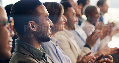 Buy stock photo Conference, audience and business people clapping for success, celebration or revenue growth. Convention, smile and crowd with applause for performance milestone, target or financial goal in office