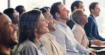 Buy stock photo Business, crowd or people at conference with laugh, information or funny presentation at training expo. Comic, diversity and audience with happiness, speech insight and feedback at growth seminar.