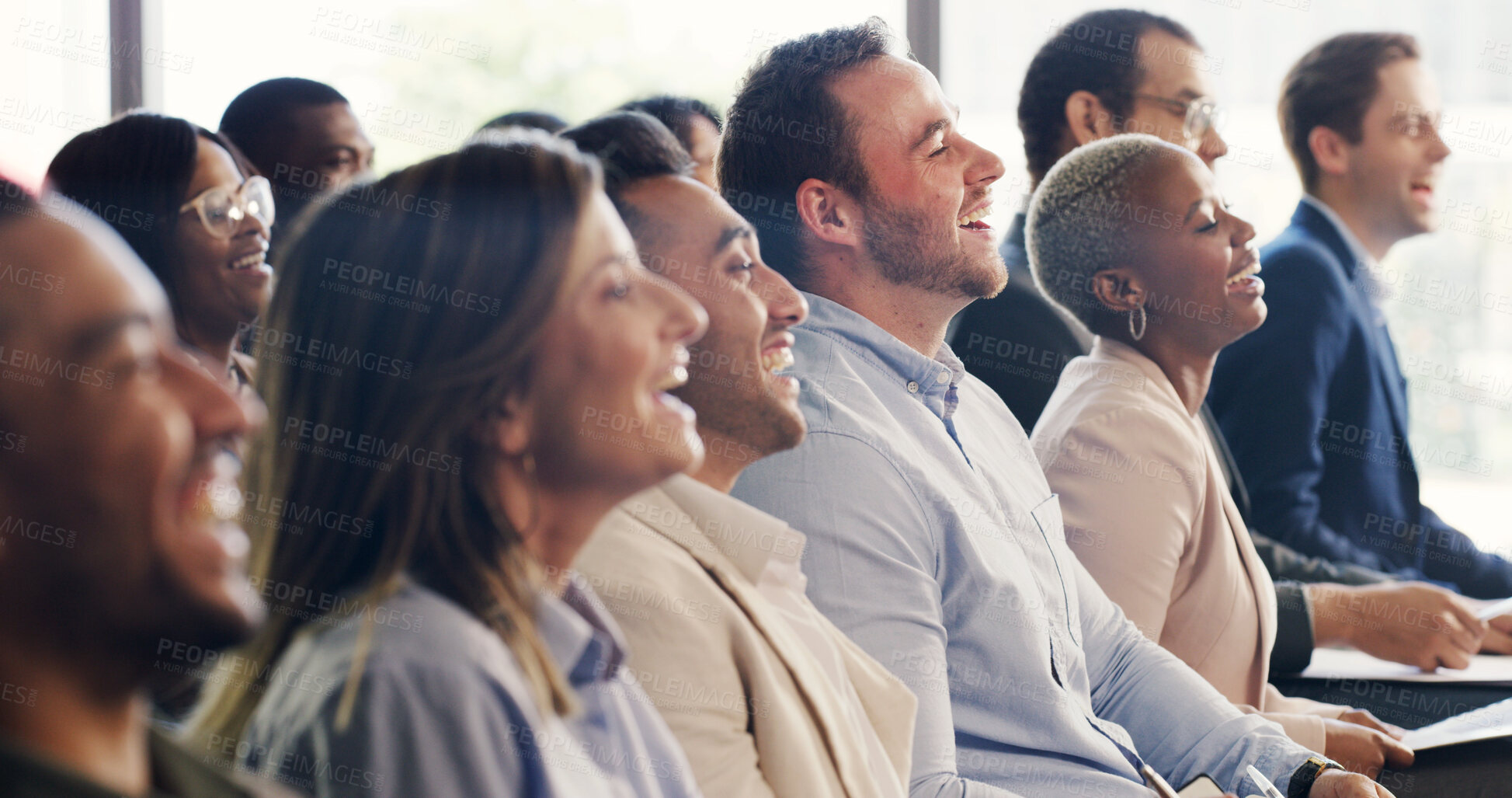 Buy stock photo Business, crowd or people at conference with laugh, information or funny presentation at training expo. Comic, diversity and audience with happiness, speech insight and feedback at growth seminar.