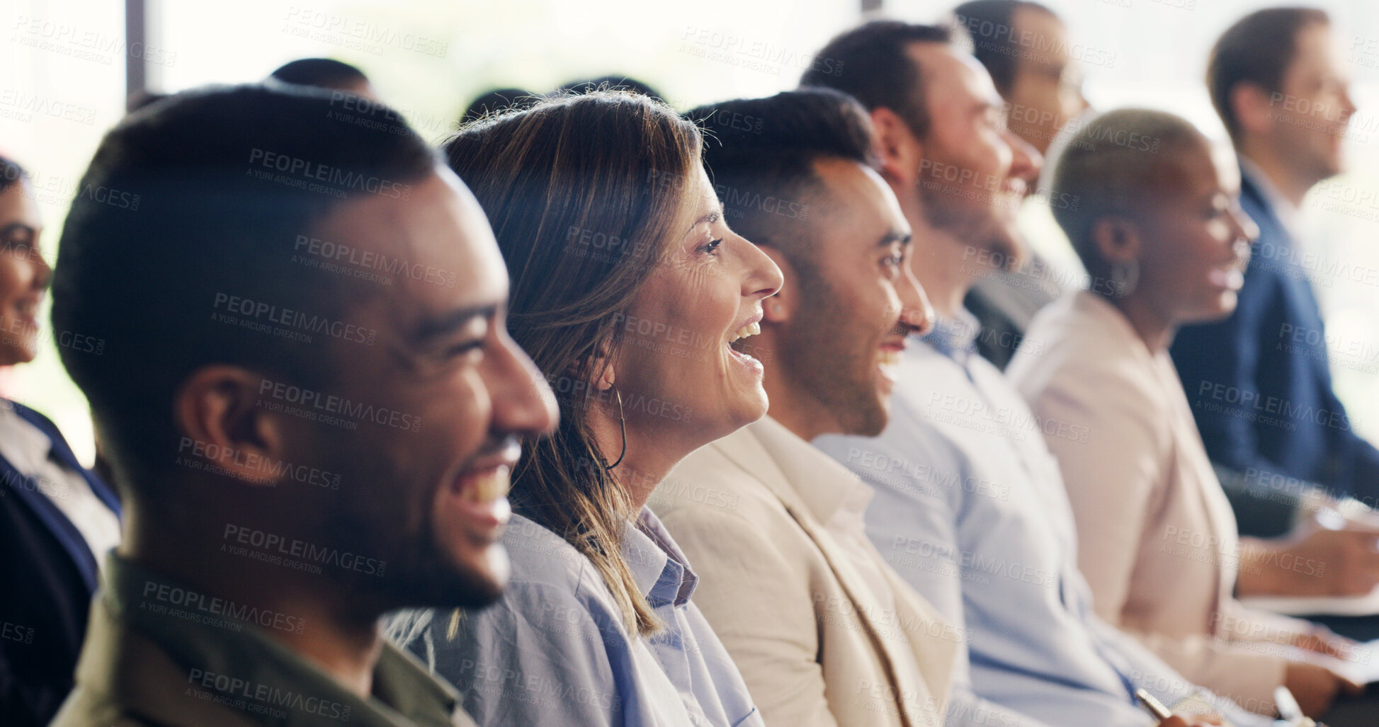 Buy stock photo Business, audience or people at conference with laugh, information or funny presentation at training workshop. Comic, diversity or crowd with happiness, speech insight and reaction at growth seminar