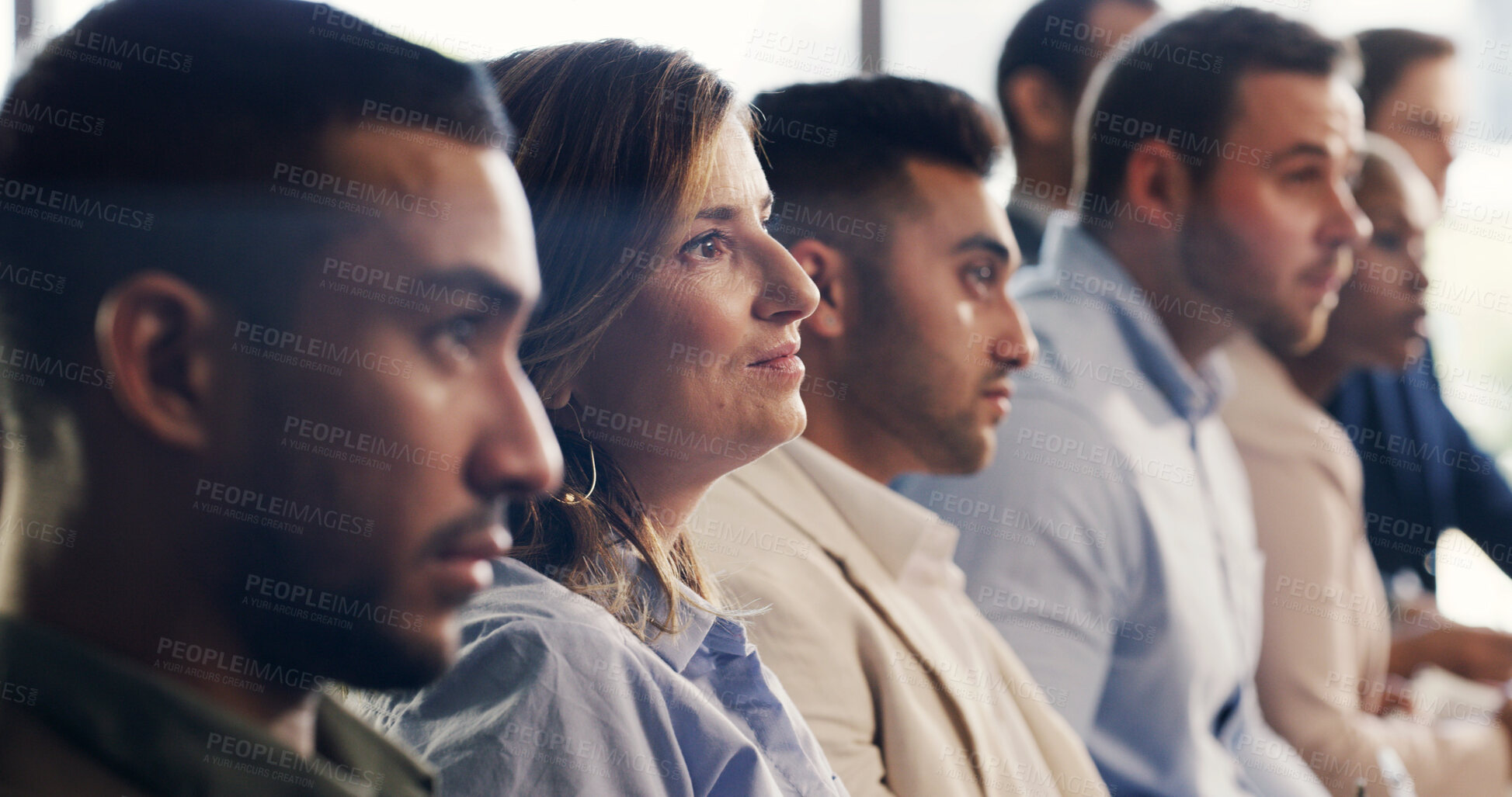Buy stock photo Business people, meeting and listening with workshop in row for conference or training staff. Group, employee or colleagues in line with audience for work convention, seminar or team presentation