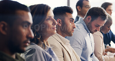 Buy stock photo Business, audience or people at conference for training, information or skill building at workshop. Serious, diversity or crowd with learning, career development or speech insight at growth seminar.