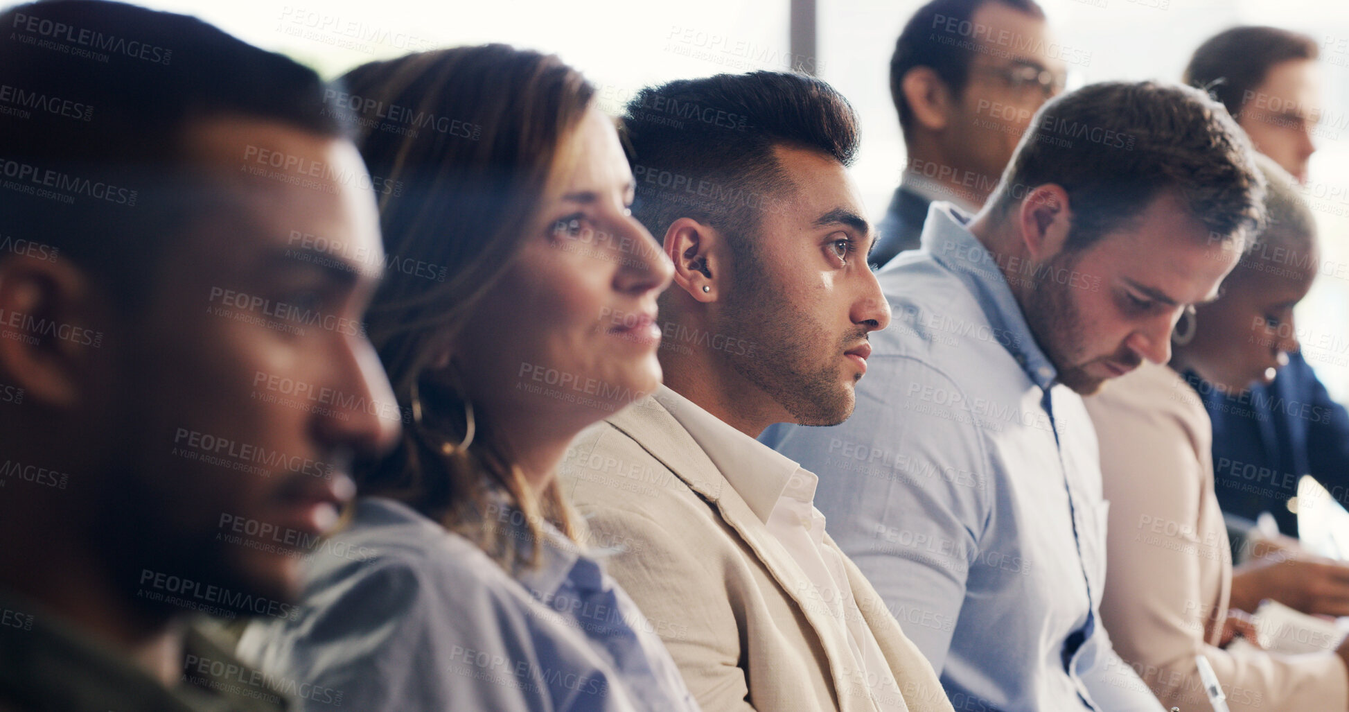 Buy stock photo Business, audience or people at conference for training, information or skill building at workshop. Serious, diversity or crowd with learning, career development or speech insight at growth seminar.