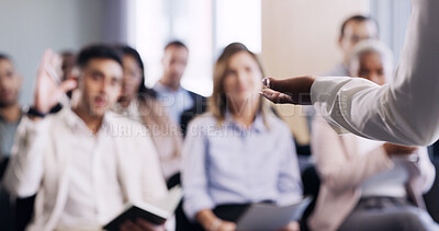 Buy stock photo Business, coach and hands with audience for presentation, seminar or company workshop. Person, speaker or meeting with team discussion or question for tradeshow, conference or convention in workplace