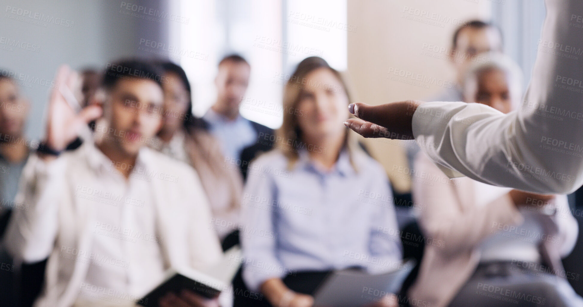 Buy stock photo Business, coach and hands with audience for presentation, seminar or company workshop. Person, speaker or meeting with team discussion or question for tradeshow, conference or convention in workplace