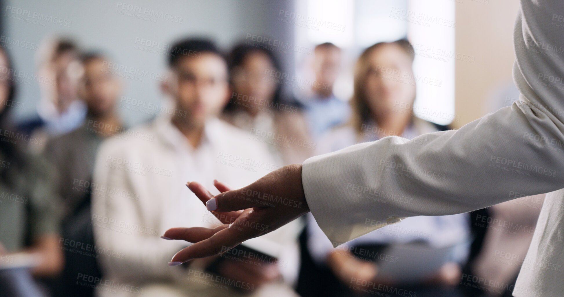 Buy stock photo Business, speaker and hand with audience for presentation, seminar or company workshop. Person, coach or meeting with team discussion or question for tradeshow, conference or convention in workplace