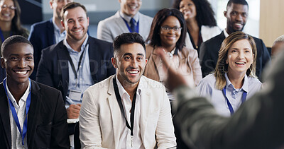 Buy stock photo Presentation, seminar and laugh with business people for conference, training and meeting. Corporate audience, discussion and worker in workshop, convention and comedy with financial coach for team