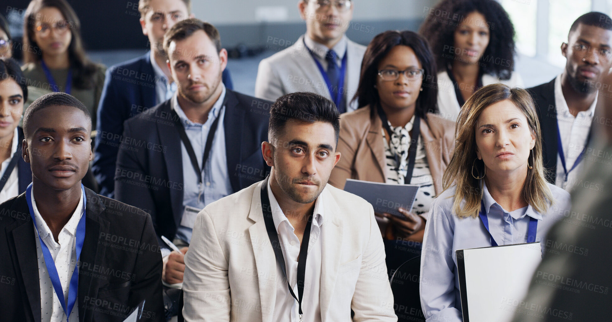 Buy stock photo Audience, people and listening to seminar speech for upskill, knowledge or career development. Summit event, keynote address and business crowd with attention for industry trends, learning or insight