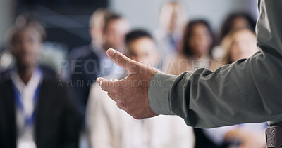 Buy stock photo Hand, speaker and speech to crowd in seminar for insight, knowledge and career development. Summit event, person and keynote address to business audience for industry trends, learning and information