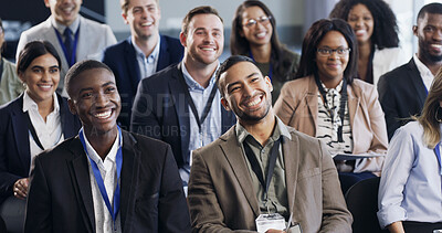 Buy stock photo Business, crowd or people at expo with laugh, information or funny presentation at training seminar. Comic, diversity or audience with happiness, speech insight and joke reaction at growth conference