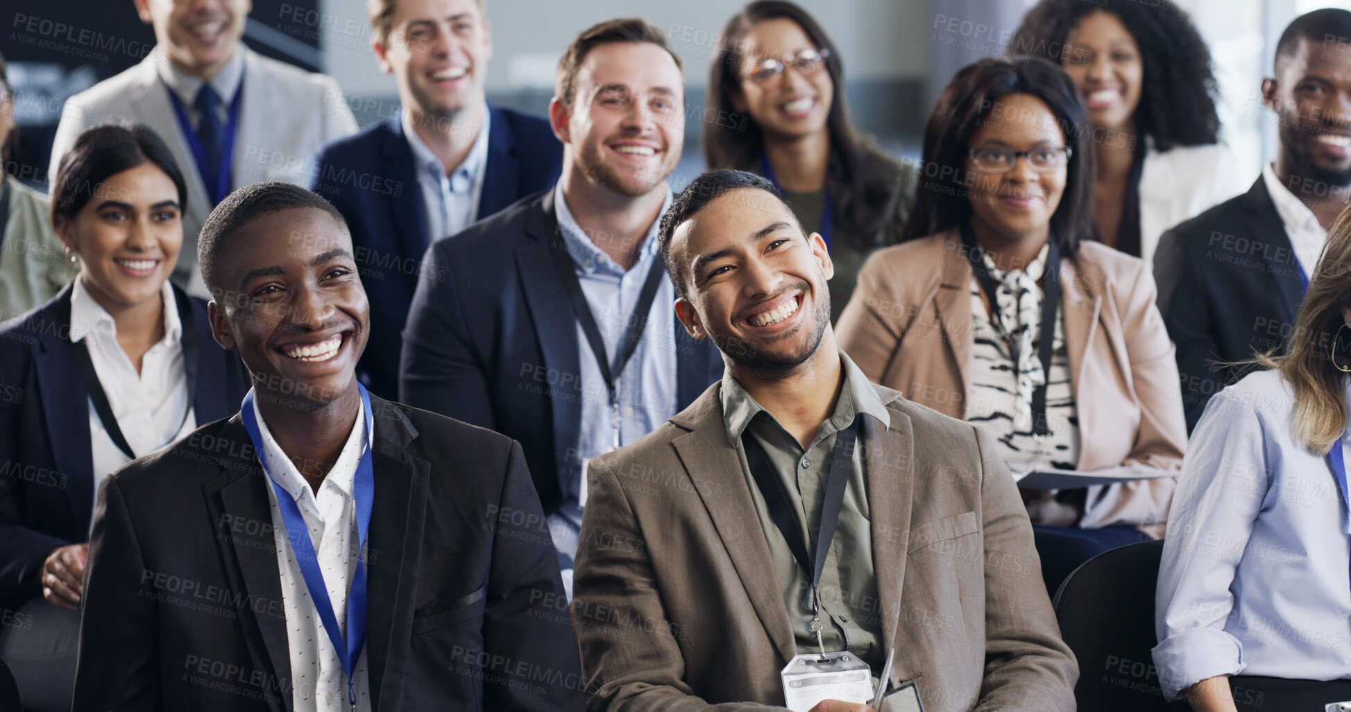 Buy stock photo Business, crowd or people at expo with laugh, information or funny presentation at training seminar. Comic, diversity or audience with happiness, speech insight and joke reaction at growth conference
