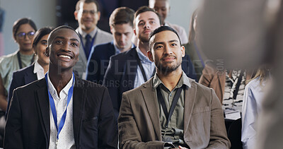 Buy stock photo Smile, crowd or businesspeople at expo in training, information or skill building at conference. Diverse, presenter or audience with learning, career development or speech insight at growth seminar.
