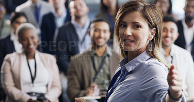 Buy stock photo Portrait, woman and speech for group, seminar and training session for colleagues, meeting and talk. Business, speaker and presentation for people in workshop, collaboration and event with audience