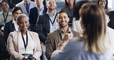 Buy stock photo Crowd, people and listening to seminar speech for upskill, knowledge or career development. Summit event, keynote address and business audience with attention for industry trends, learning or insight