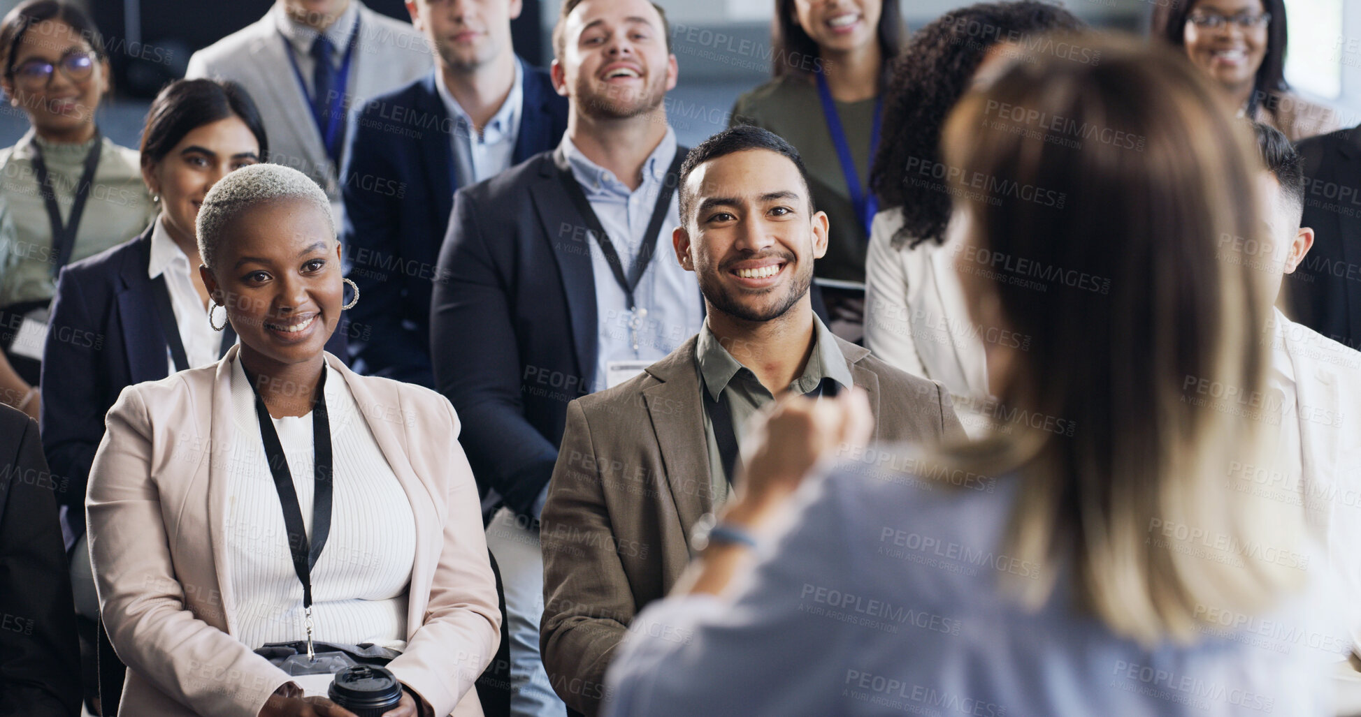 Buy stock photo Crowd, people and listening to seminar speech for upskill, knowledge or career development. Summit event, keynote address and business audience with attention for industry trends, learning or insight