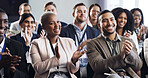 Seminar, crowd and business people clapping for success, celebration or revenue growth in office. Convention, smile and audience with applause for performance milestone, target or financial goal