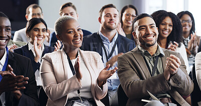 Buy stock photo Seminar, crowd and business people clapping for success, celebration or revenue growth in office. Convention, smile and audience with applause for performance milestone, target or financial goal