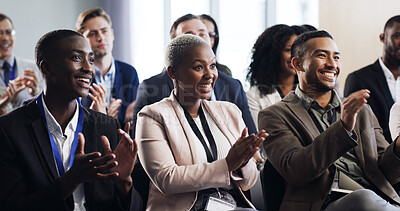 Buy stock photo Seminar, crowd and business people clapping for celebration, success or revenue growth in office. Conference, smile and audience with applause for performance milestone, target or financial goal
