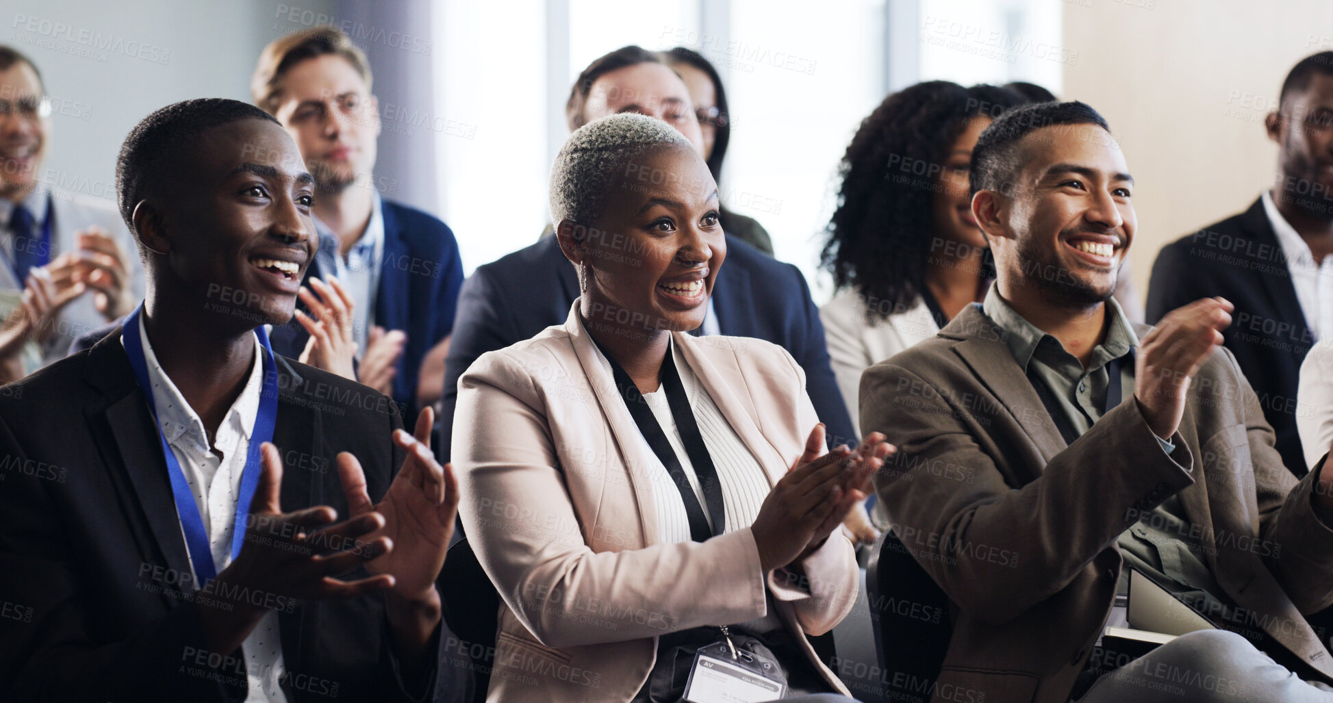 Buy stock photo Seminar, crowd and business people clapping for celebration, success or revenue growth in office. Conference, smile and audience with applause for performance milestone, target or financial goal