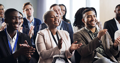 Buy stock photo Convention, crowd and business people clapping for celebration, success or revenue growth in office. Conference, smile and audience with applause for performance milestone, target or financial goal