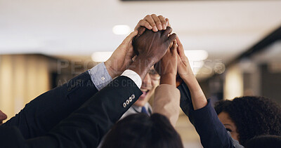 Buy stock photo Hands together, business people and team building in office, support or motivation for mission. Group, huddle and collaboration in corporate workplace for solidarity, synergy or cooperation for goal
