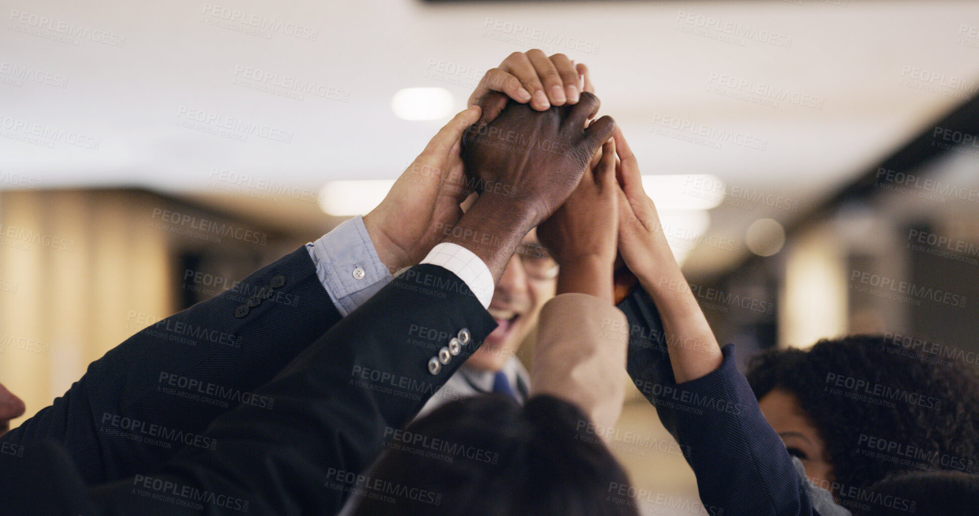 Buy stock photo Hands together, business people and team building in office, support or motivation for mission. Group, huddle and collaboration in corporate workplace for solidarity, synergy or cooperation for goal