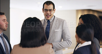 Buy stock photo Lobby, meeting and talking with business people at convention center for development seminar. Conference, conversation and symposium with corporate employee at workplace for discussion or feedback