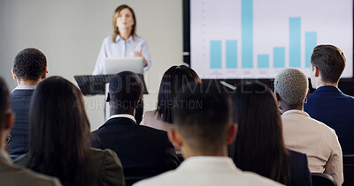 Buy stock photo Presentation, audience and woman with business people for conference, training and meeting. Corporate speaker, discussion and worker in workshop, convention or seminar for financial coach with graph