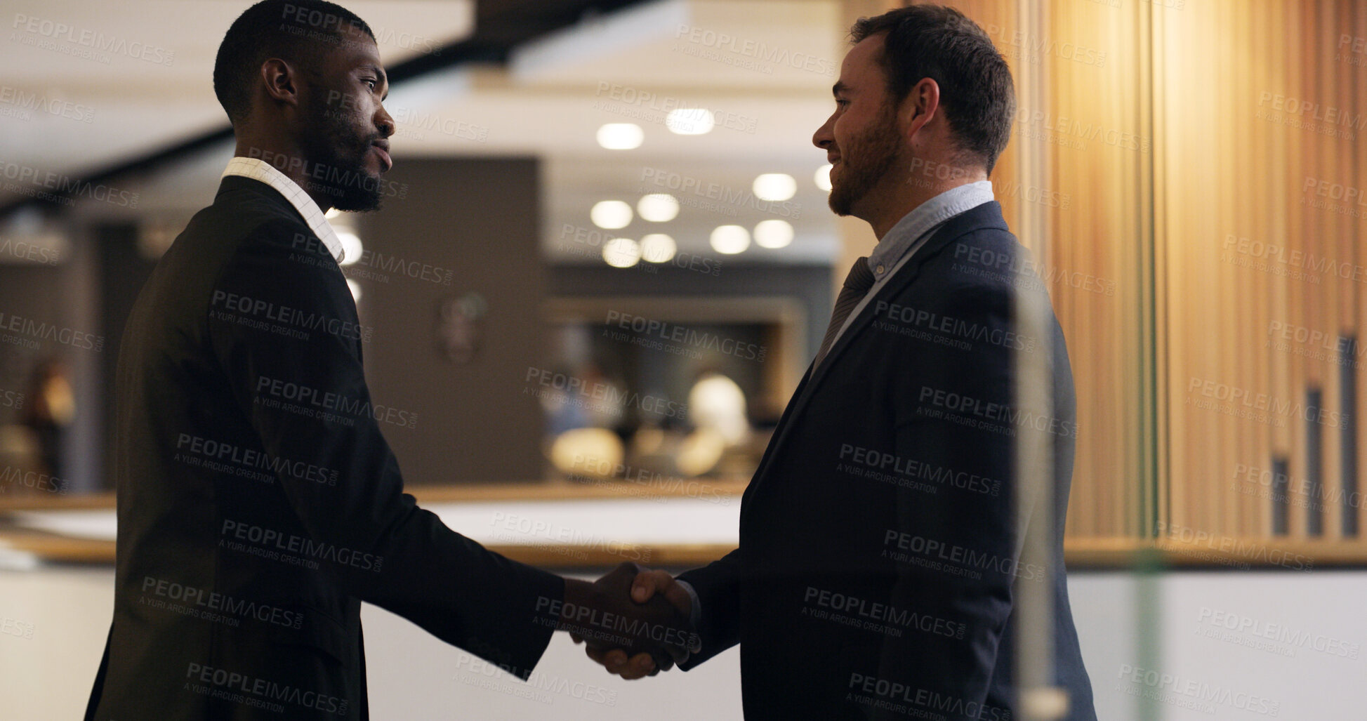 Buy stock photo Handshake, meeting and welcome with business men in office for agreement. deal or partnership. Congratulations, greeting and thank you with corporate employee people shaking hands for collaboration