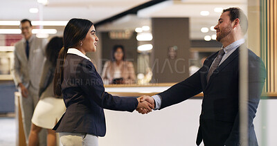 Buy stock photo Business, hello or people at conference with handshake, greeting or collaboration in b2b deal. Networking, corporate or employees at seminar with introduction, agreement or opportunity in partnership